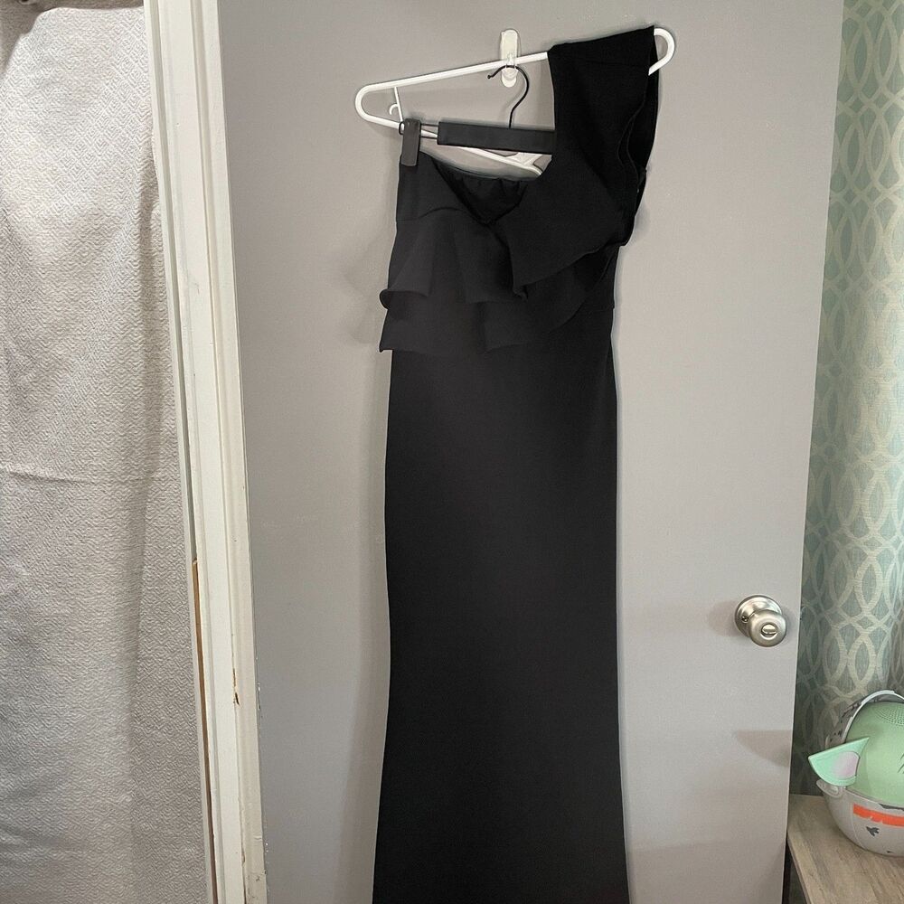 LuLus Womens S Kiss Me Again Ruffled One Shoulder Maxi Dress Black **READ**